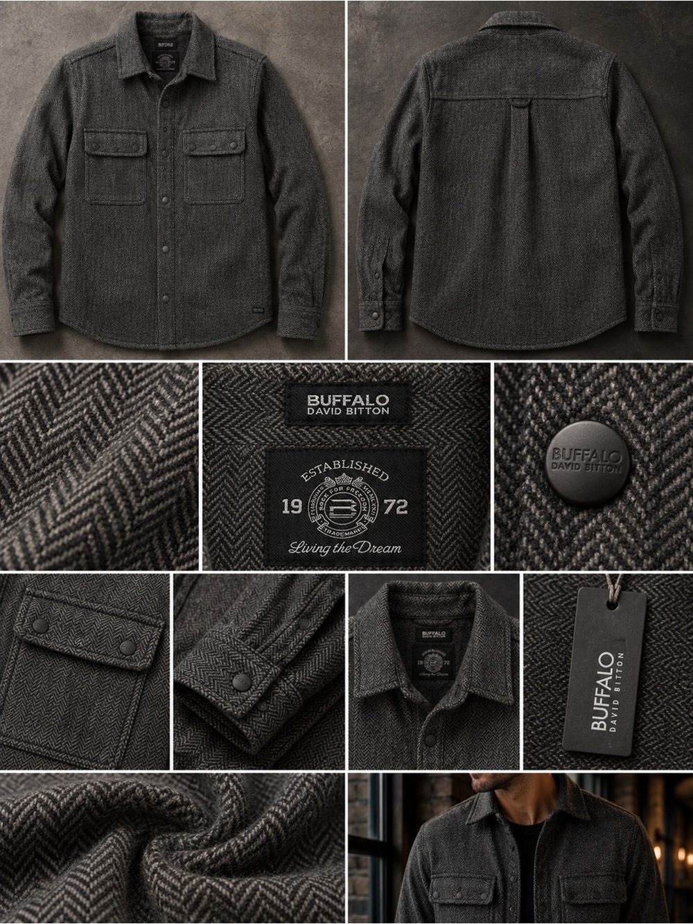 Buffalo David Bitton Herringbone Jacket Grey Snap Front Shirt Jacket Small NWT
